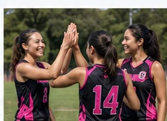 Athletes in black and pink uniforms celebrating together
