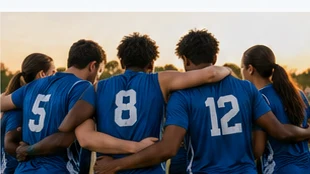 Team members in blue jerseys standing together