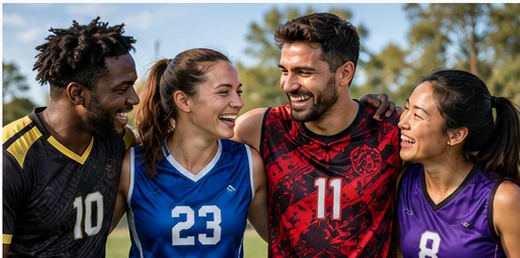Four athletes wearing NextPlay team uniforms together
