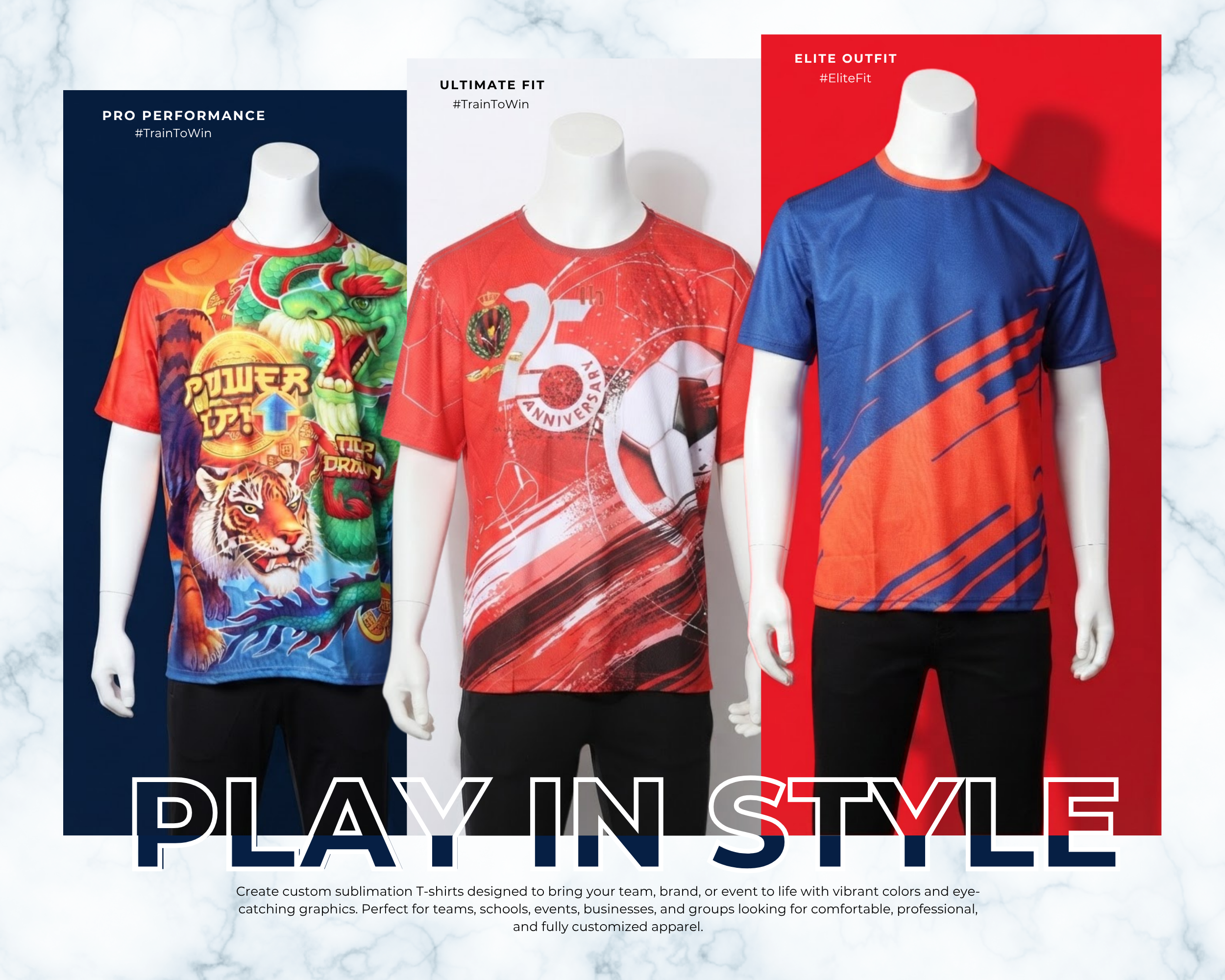 Custom sportswear product lineup with jerseys and team apparel