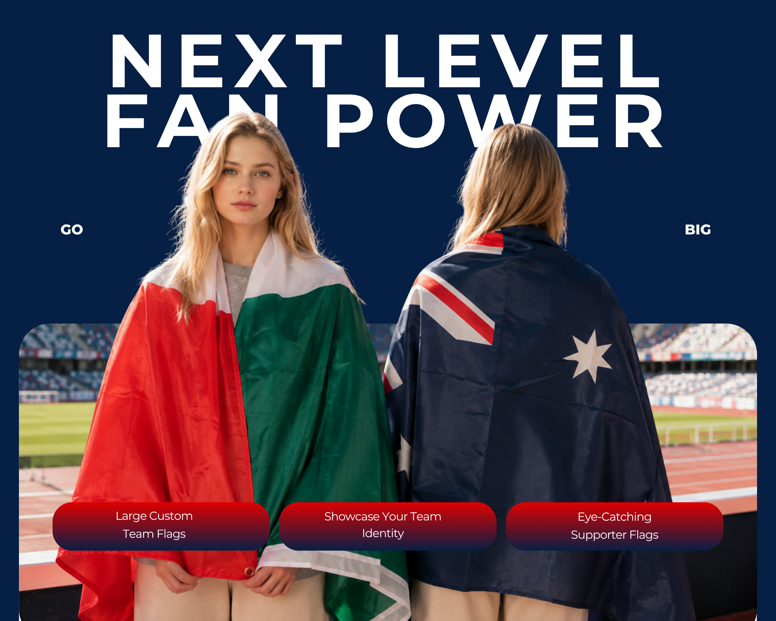 Make your team stand out with oversized custom flags featuring bold colors and designs made for every big match.