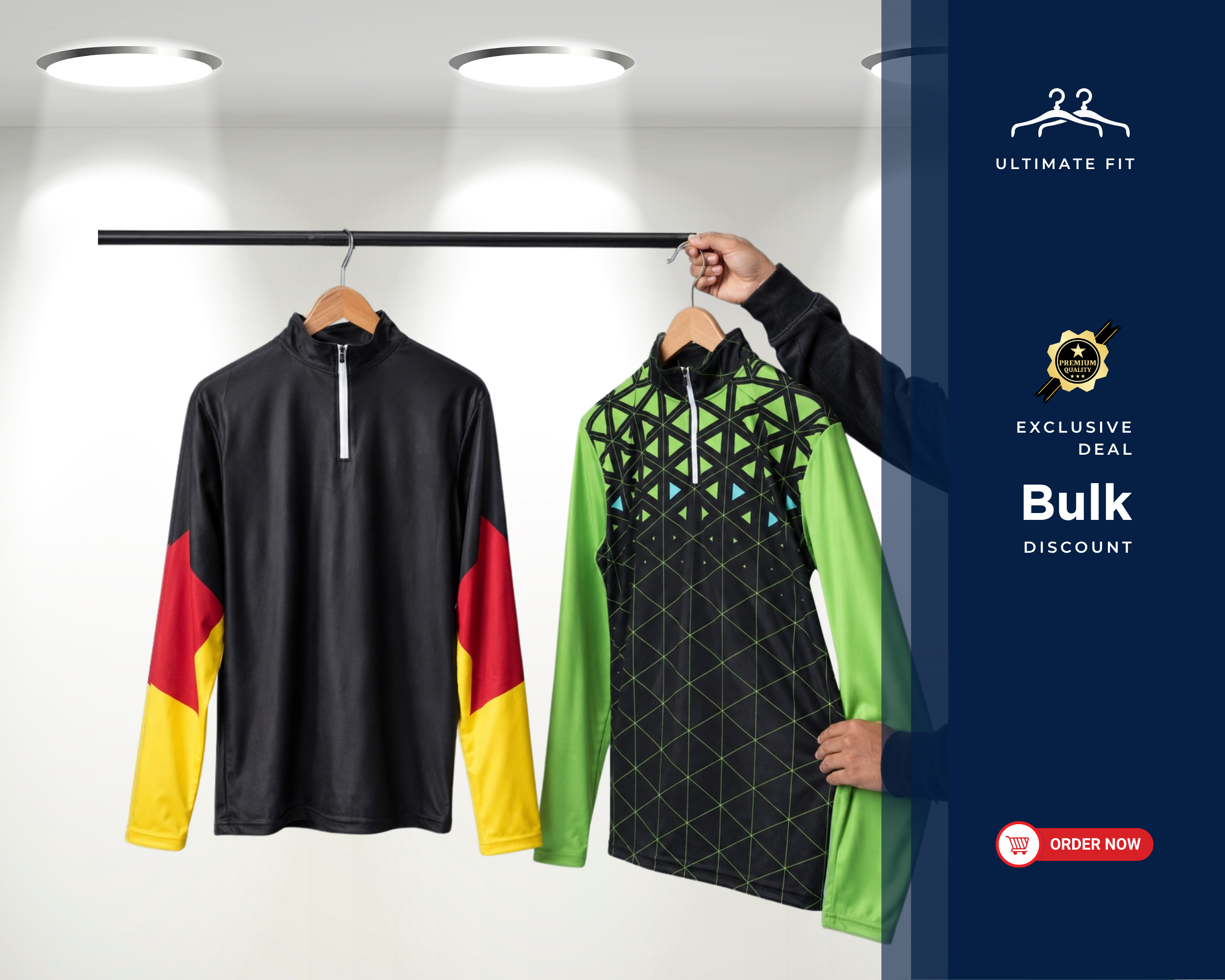 Custom team quarter zip jacket displayed in black, red, yellow and green colors
