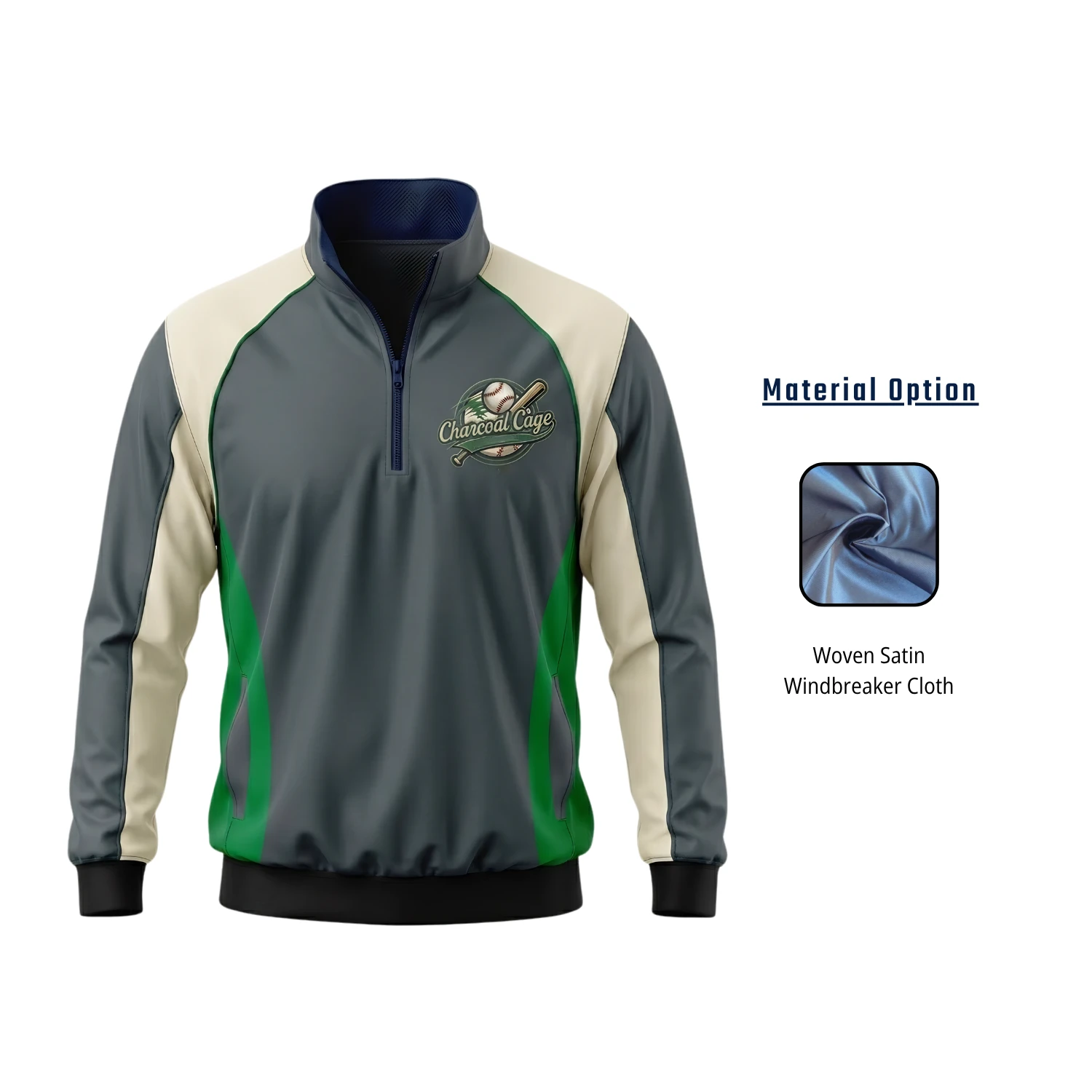 Custom Long Sleeve Satin Quarter Zip Baseball Windbreaker – 3D Embroidery