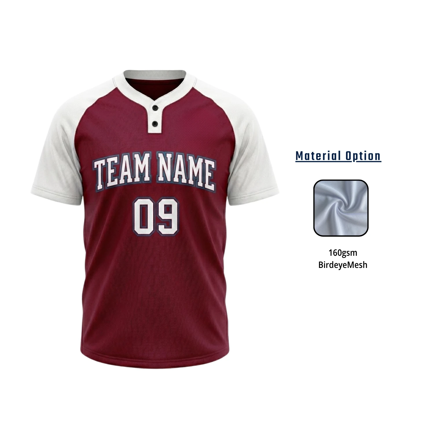 Sublimation 2-Button Front Baseball Jersey with 160G Birdseye Mesh
