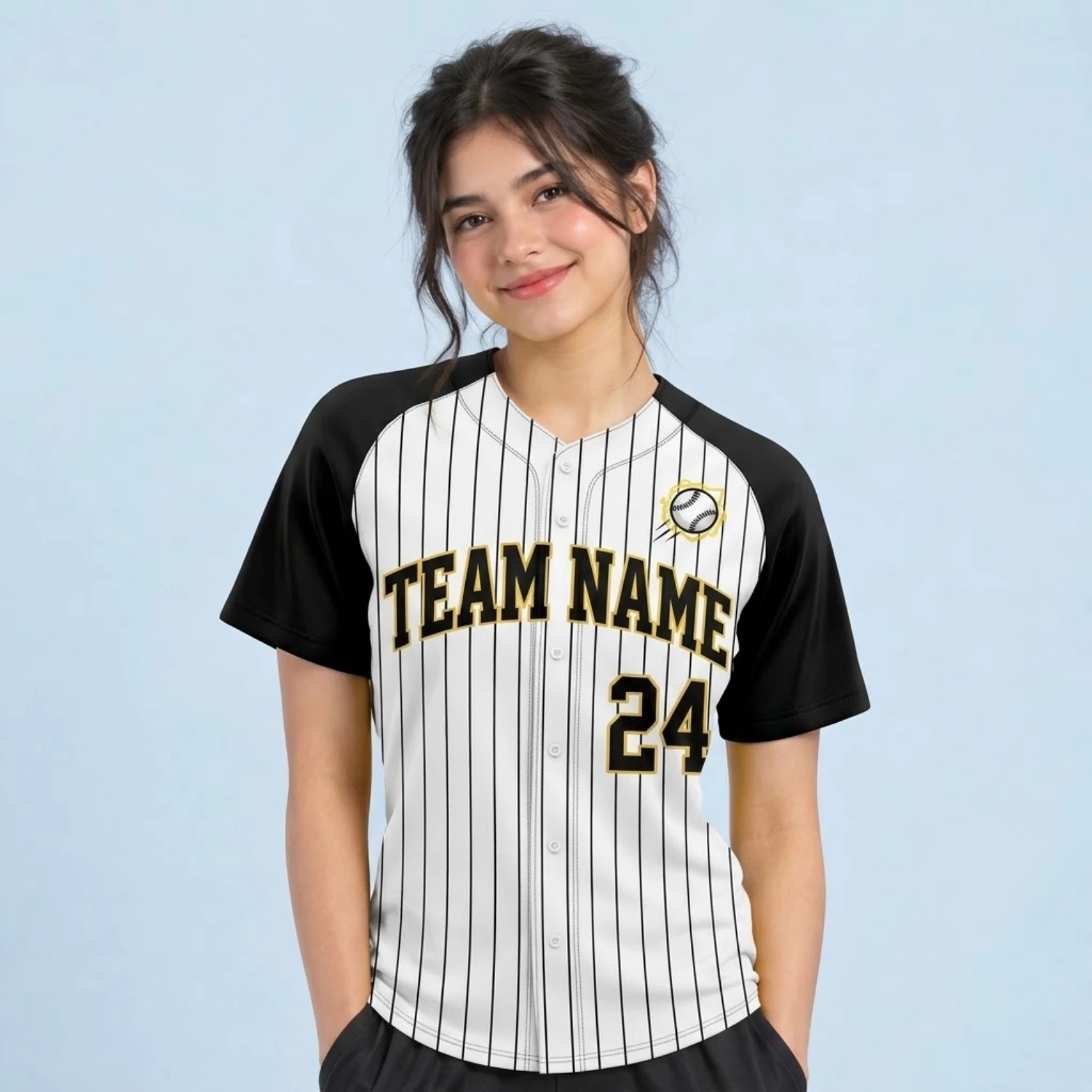 Women’s Custom Full Button Baseball Jersey – 150G Both Side Poly