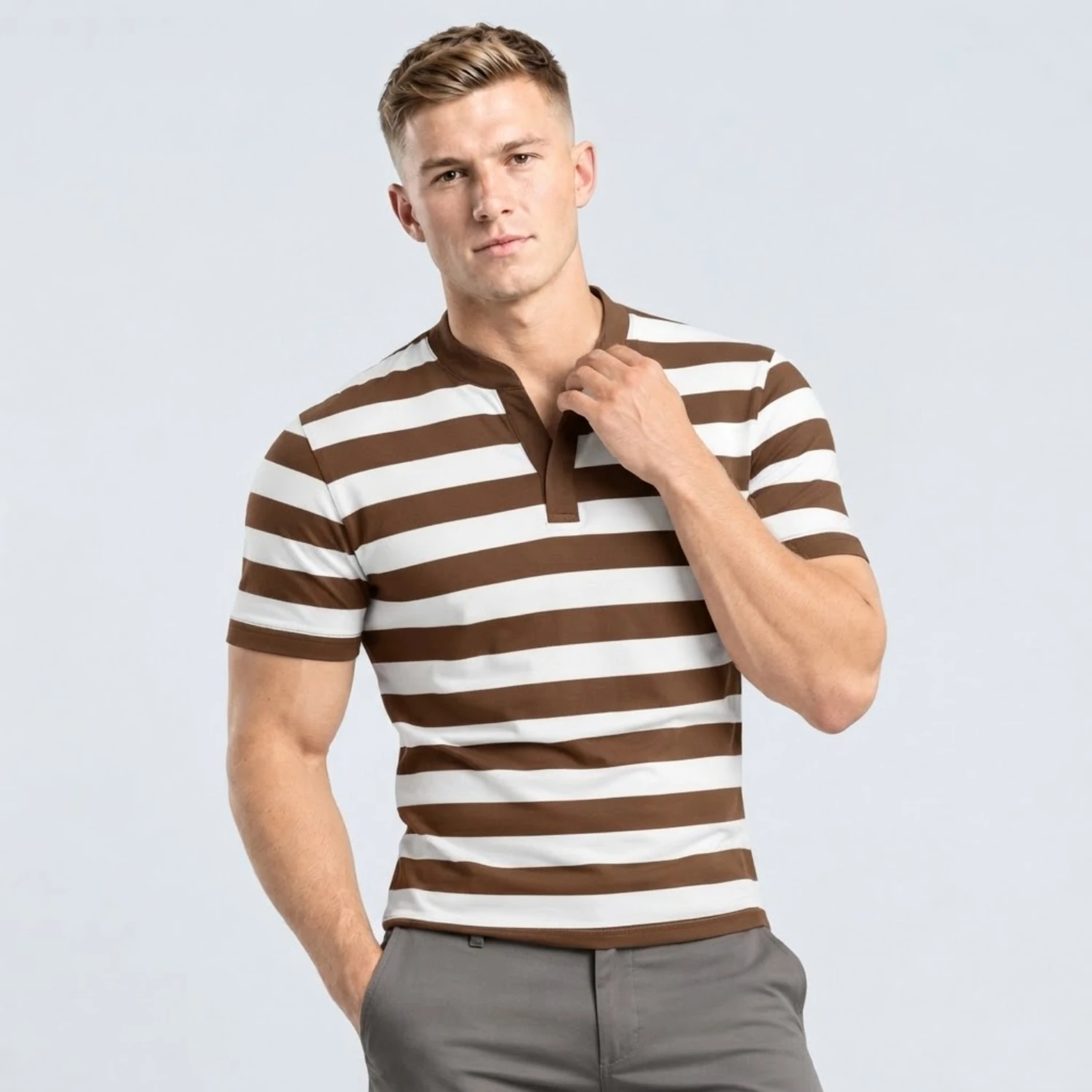 Custom Heavyweight Collarless Buttonless Interlock Short Sleeve Polo Shirt