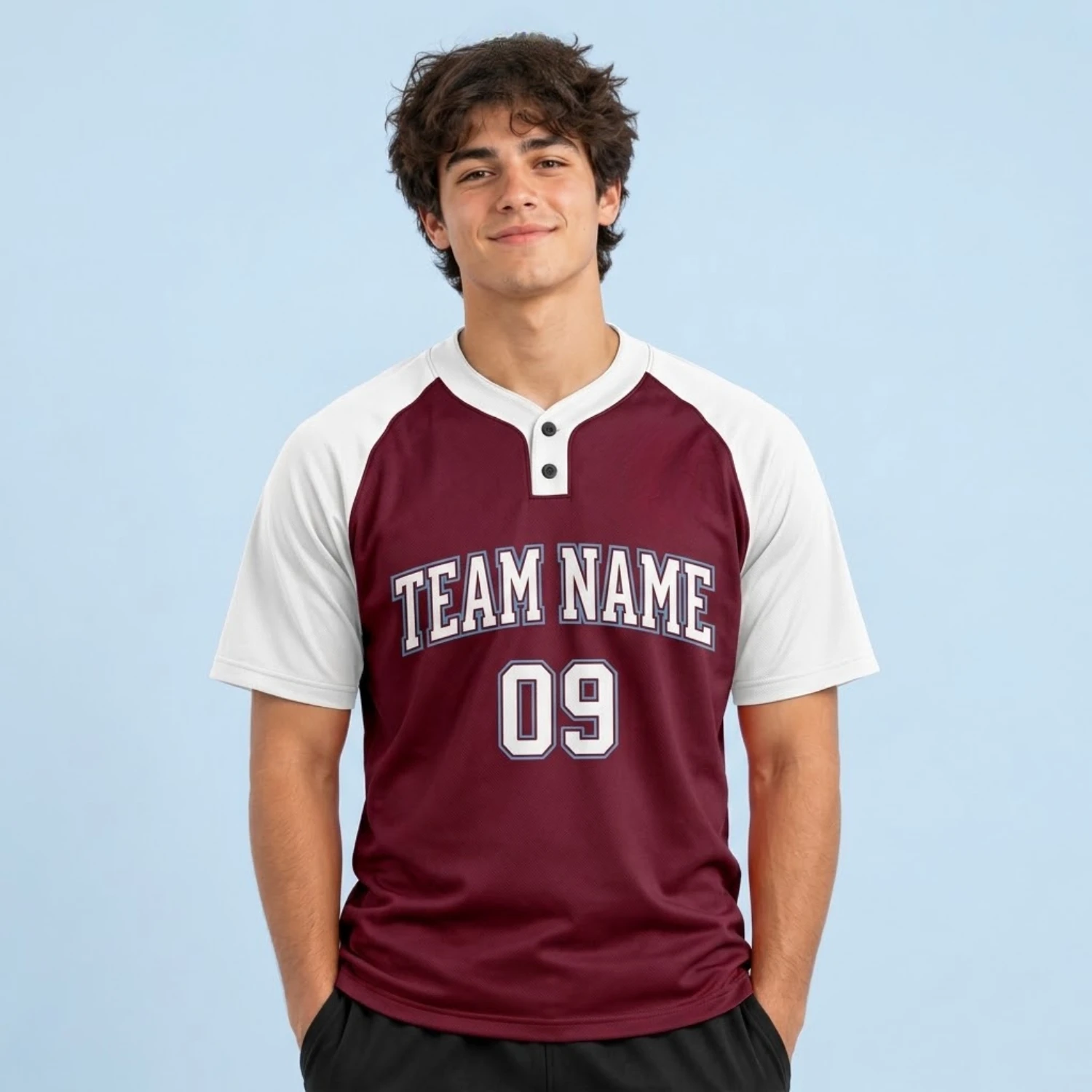 Sublimation 2-Button Front Baseball Jersey with 160G Birdseye Mesh