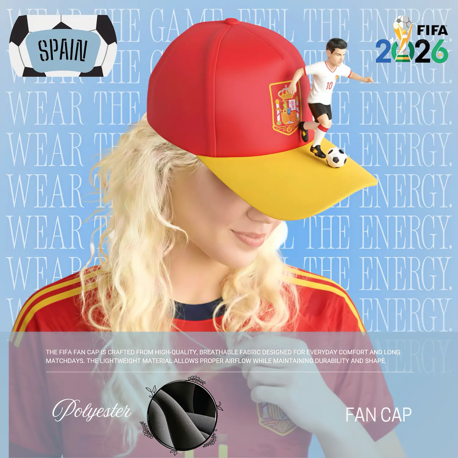 Spain Flag Structured Polyester Fan Cap-SKU: NPS-WCP-FAN-012