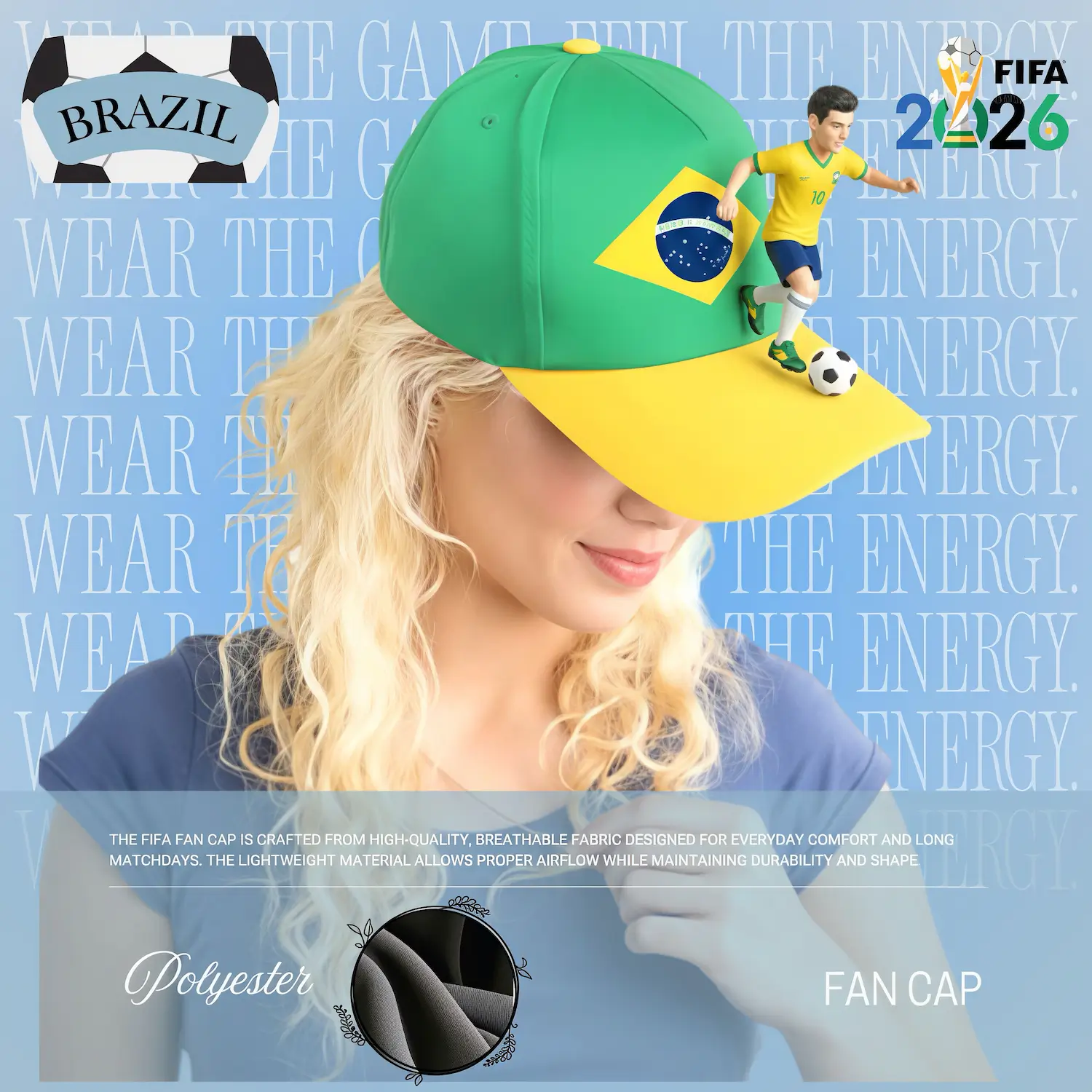 Brazil Flag Structured Polyester Fan Cap-SKU: NPS-WCP-FAN-012