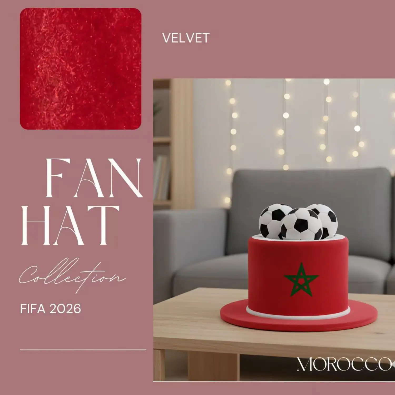 FIFA World Cup Morocco National Team Premium Velvet Fan Top Hat - SKU:NPS-WCP-FAN-021