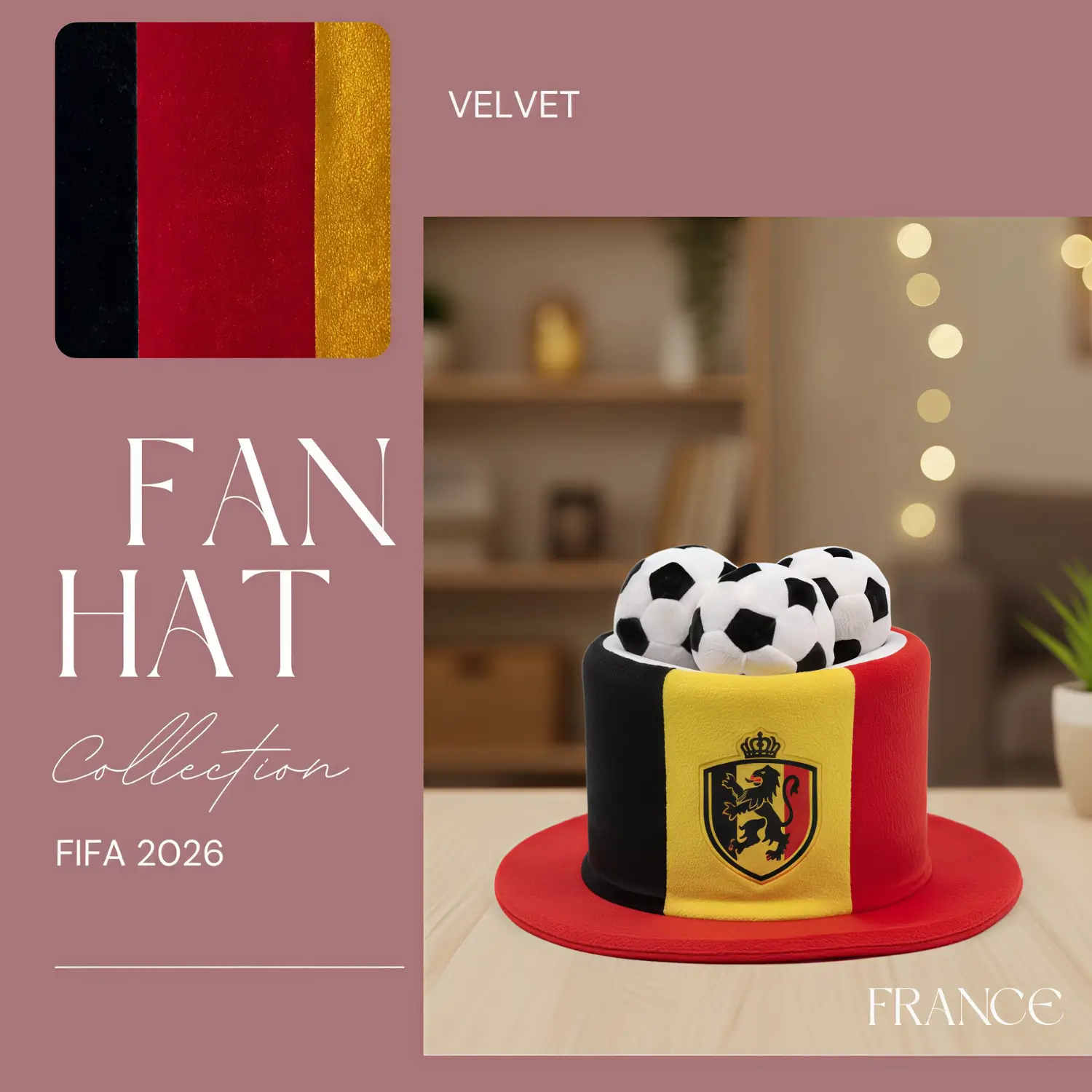 FIFA World Cup Belgium National Team Premium Velvet Fan Top Hat - SKU:NPS-WCP-FAN-021