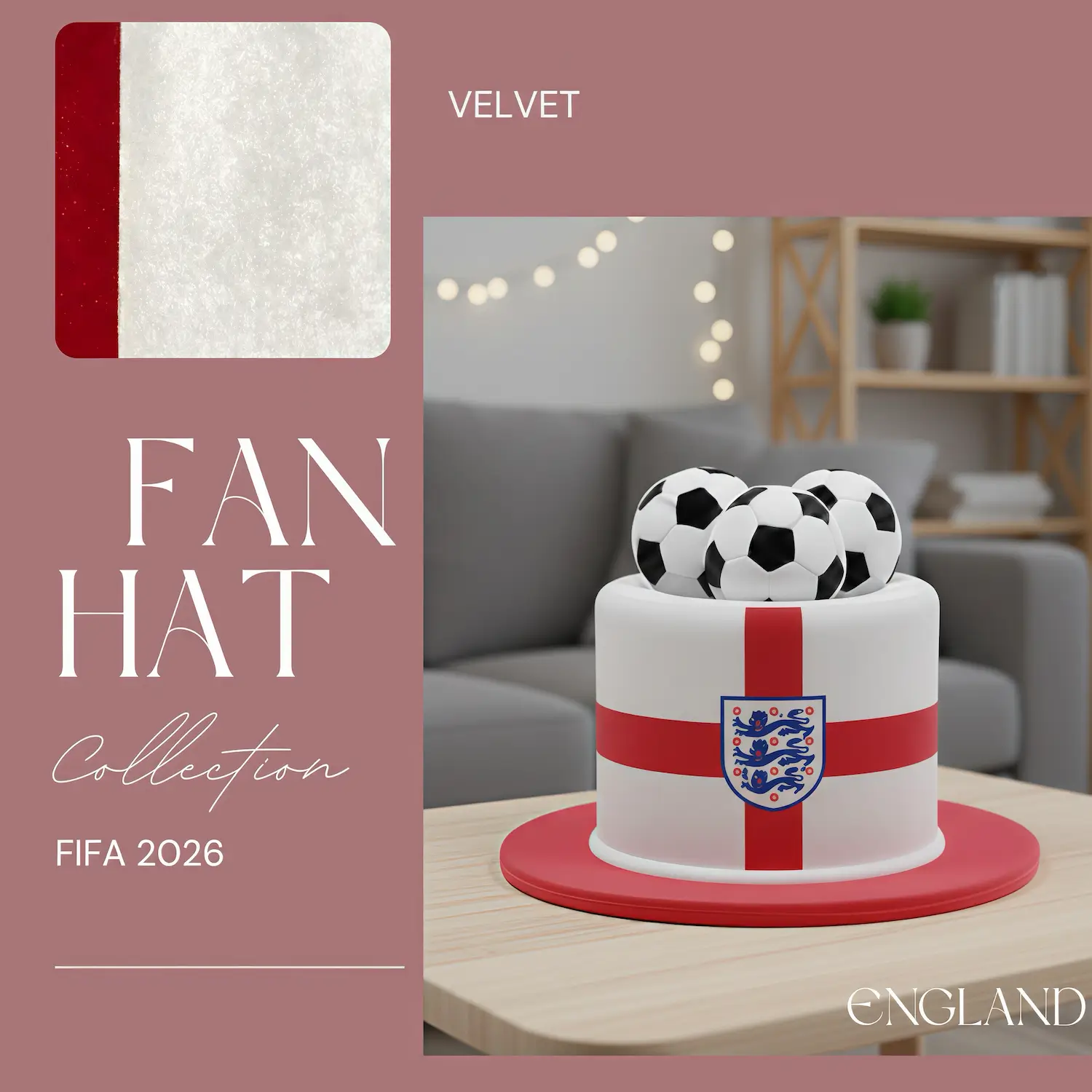FIFA World Cup England National Team Premium Velvet Fan Top Hat - SKU:NPS-WCP-FAN-021
