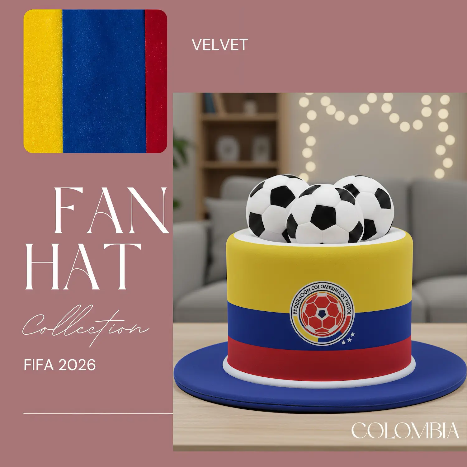 FIFA World Cup Colombia National Team Premium Velvet Fan Top Hat - SKU:NPS-WCP-FAN-021