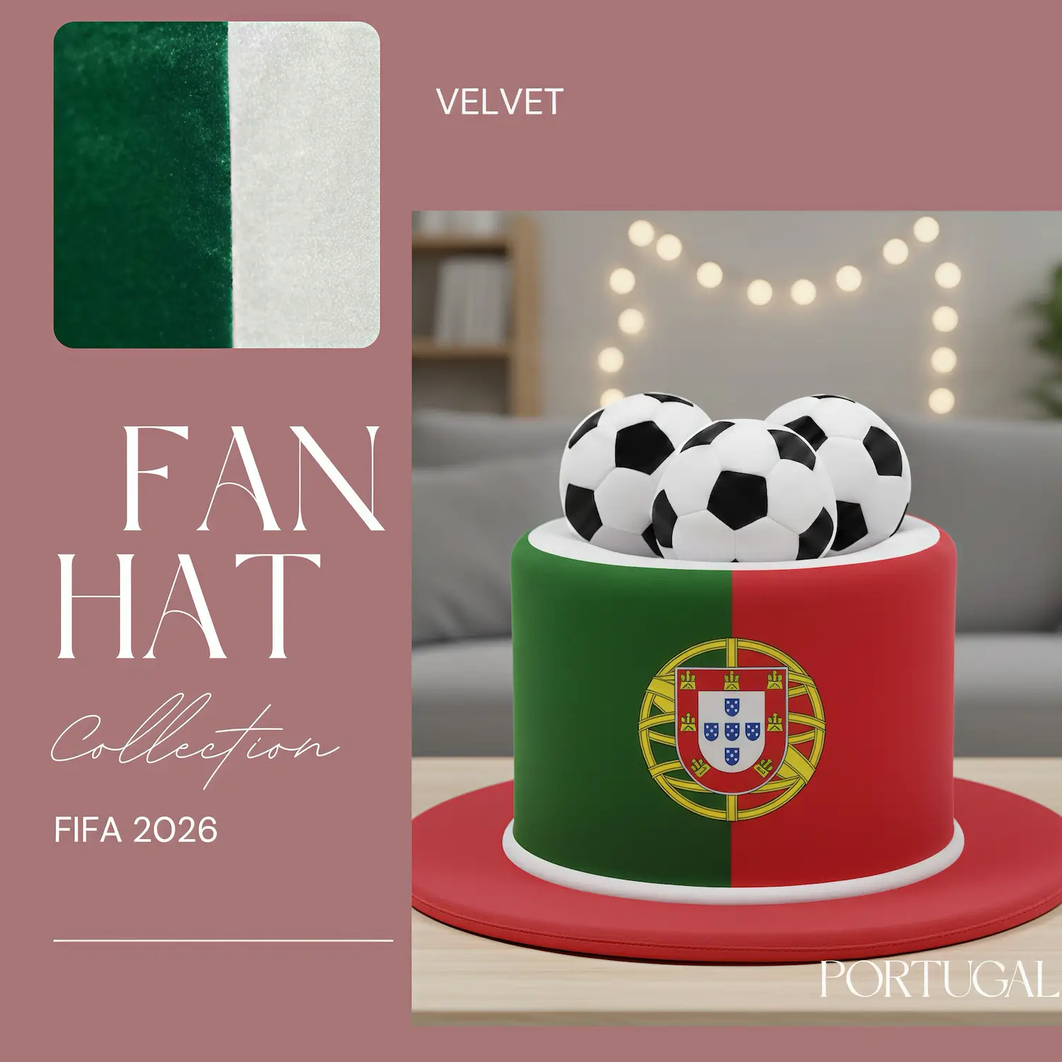 FIFA World Cup Portugal National Team Premium Velvet Fan Top Hat - SKU:NPS-WCP-FAN-021