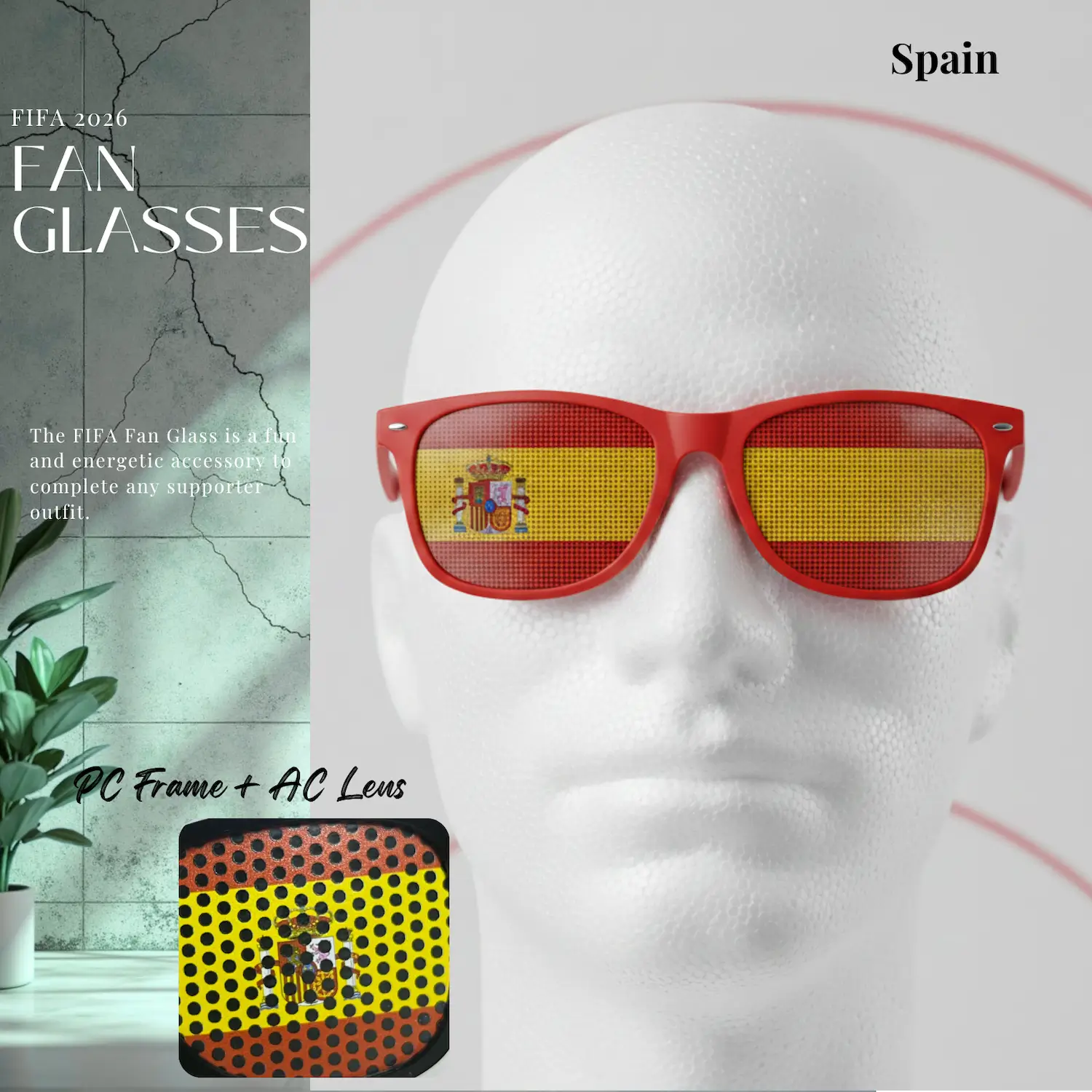 Spain Flag UV Protection PC Frame Fan Glasses-SKU: NPS-WCP-FAN-022