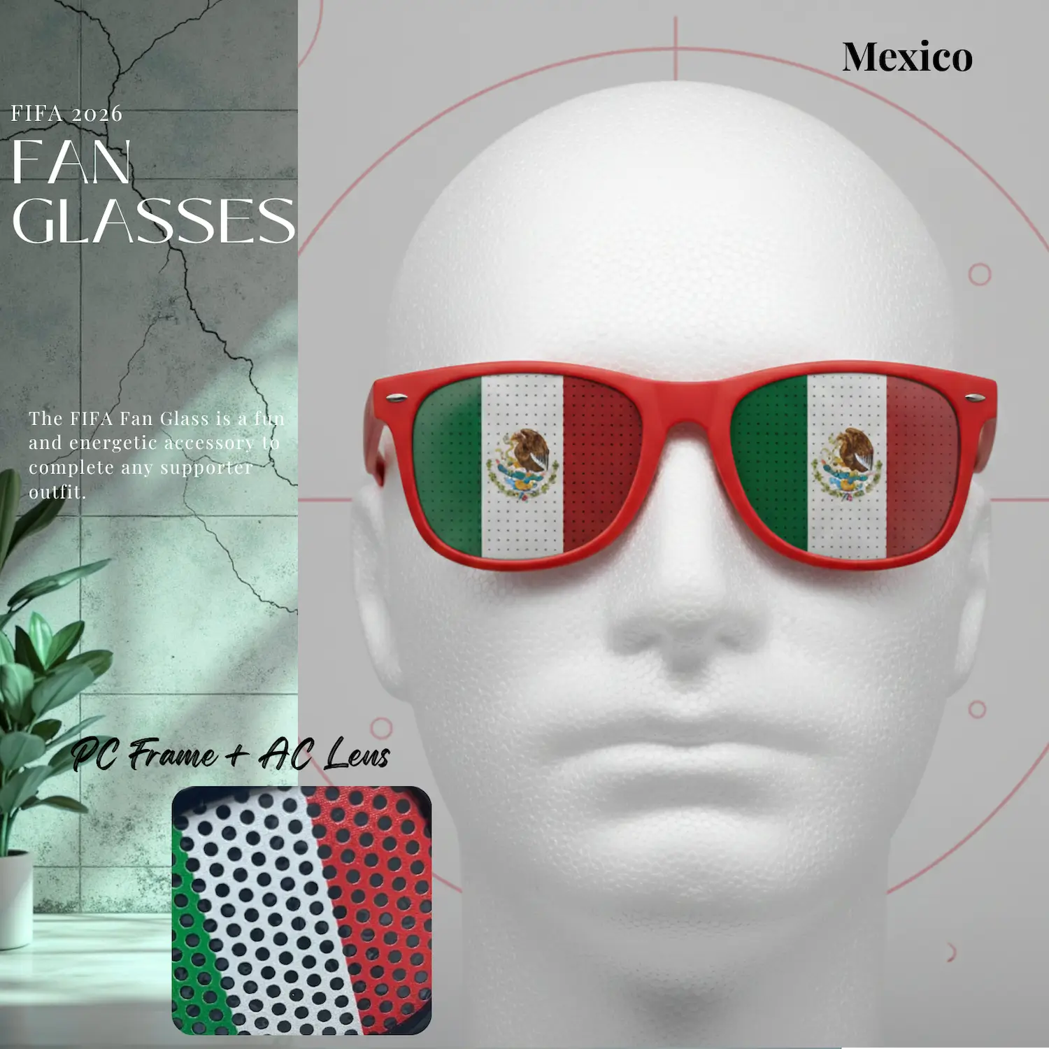 Mexico Flag UV Protection PC Frame Fan Glasses-SKU: NPS-WCP-FAN-022