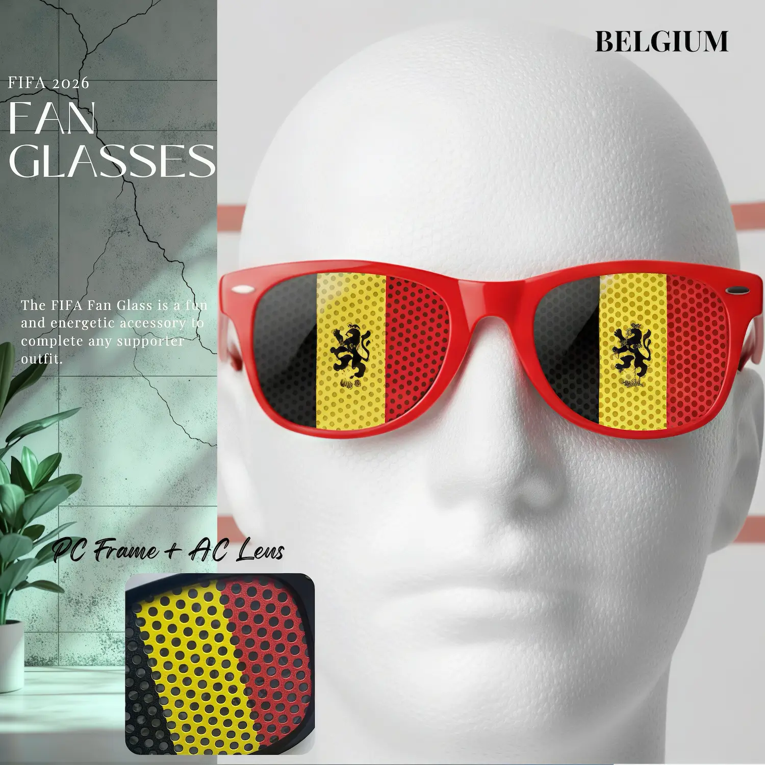 Belgium Flag UV Protection PC Frame Fan Glasses-SKU: NPS-WCP-FAN-022