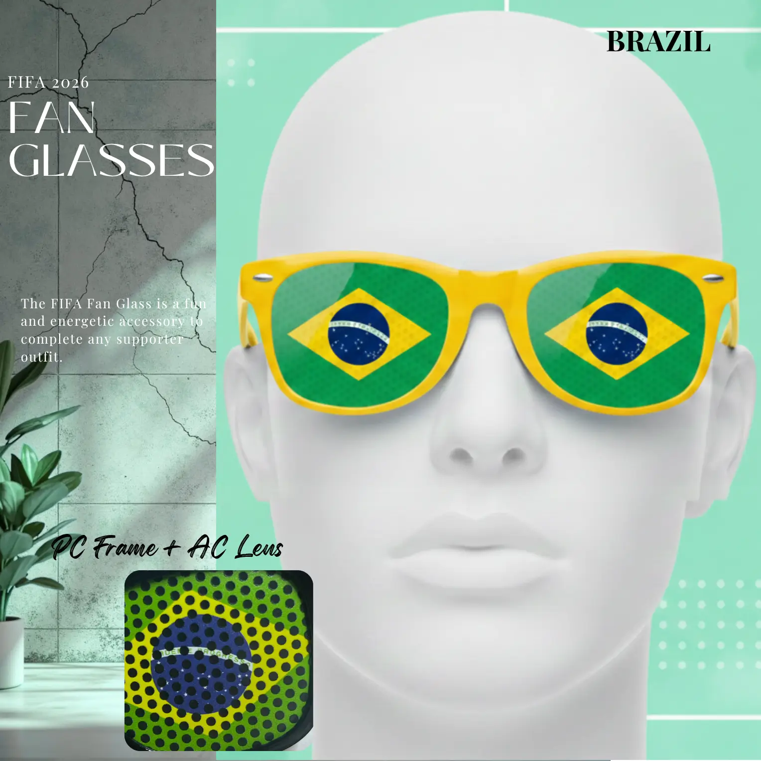 Brazil Flag UV Protection PC Frame Fan Glasses-SKU: NPS-WCP-FAN-022
