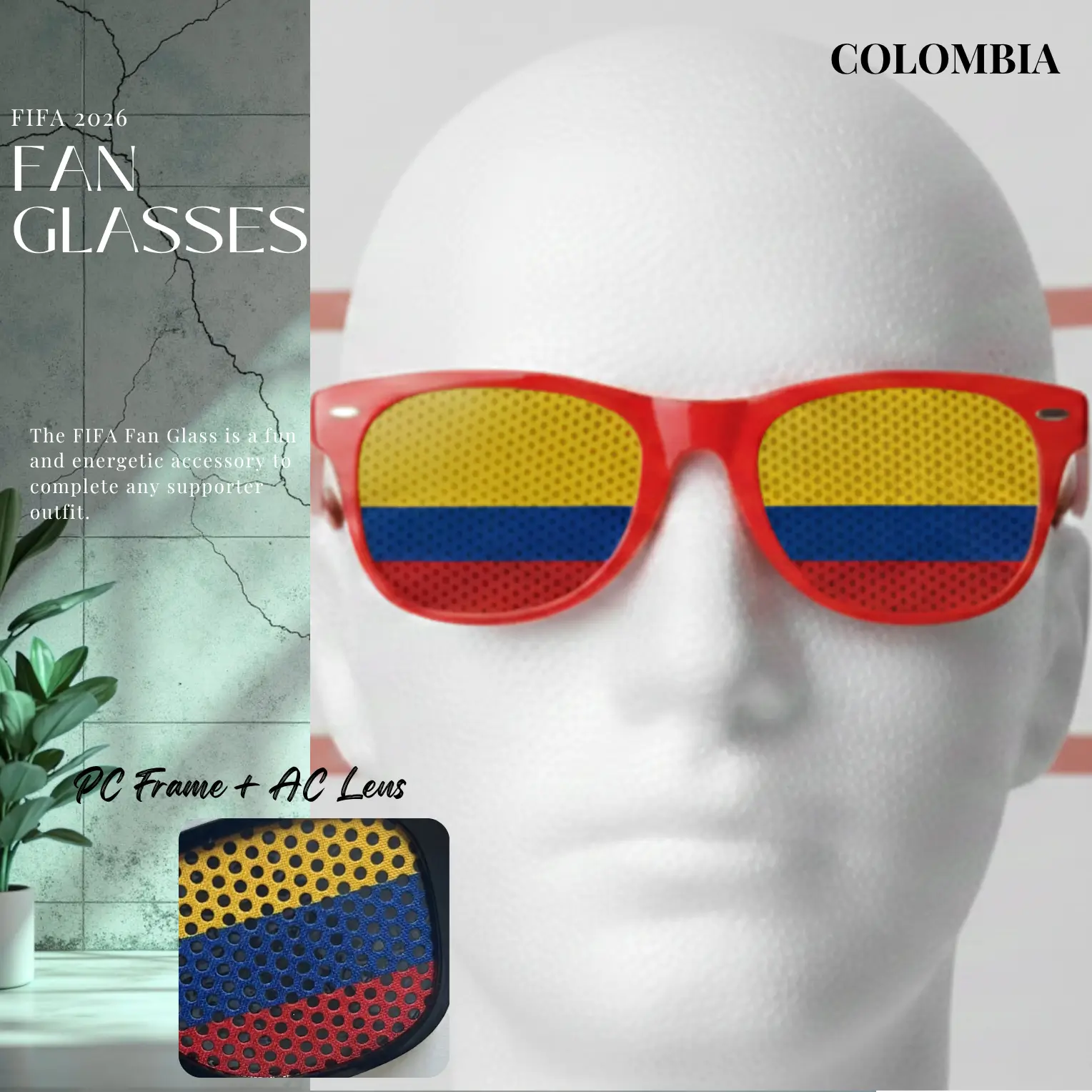 Colombia Flag UV Protection PC Frame Fan Glasses-SKU: NPS-WCP-FAN-022