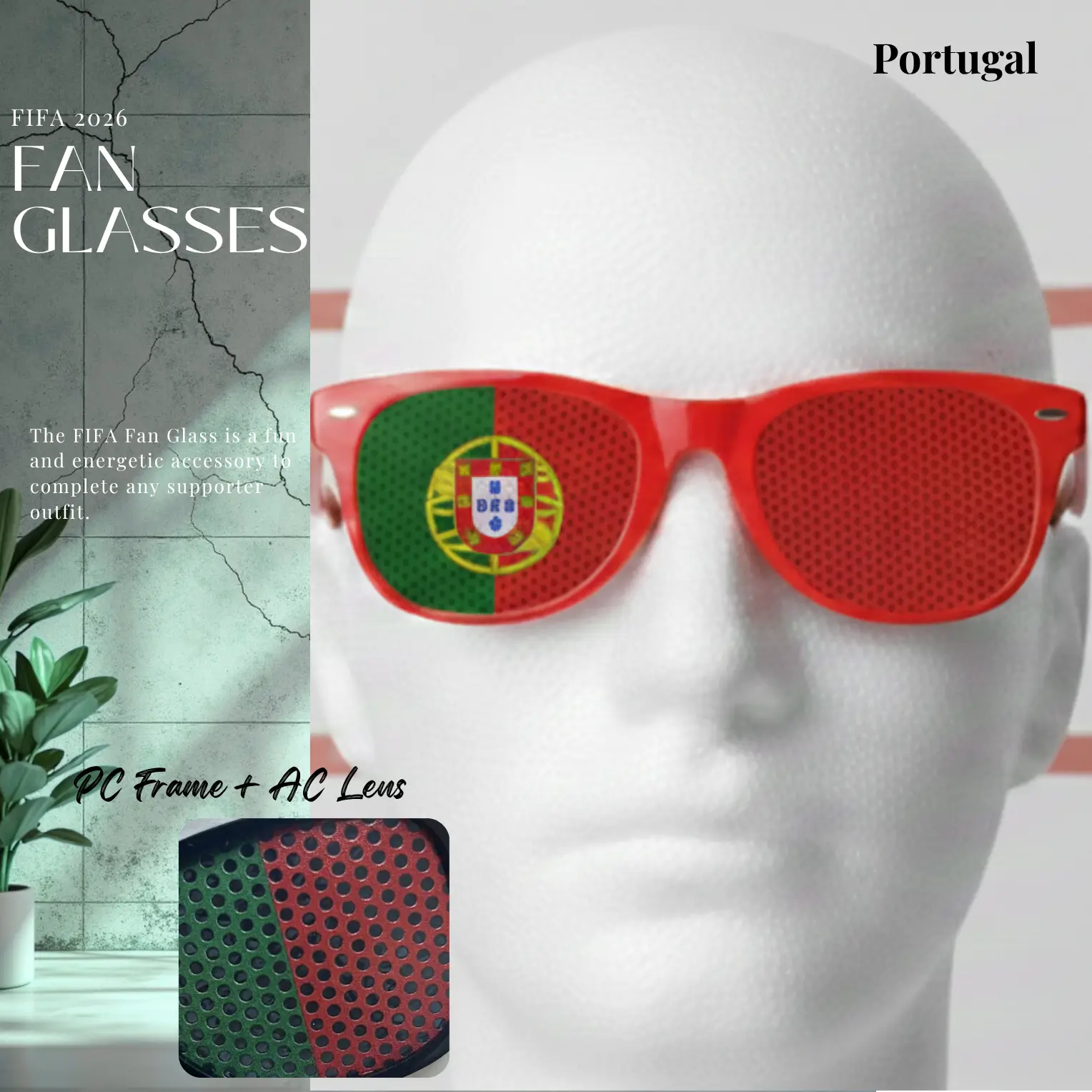 Portugal Flag UV Protection PC Frame Fan Glasses-SKU: NPS-WCP-FAN-022