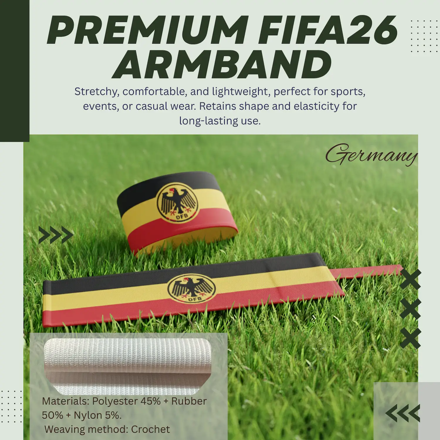 Germany Flag 6.5×35CM Crochet Woven Stretch Armband-SKU: NPS-WCP-FAN-026