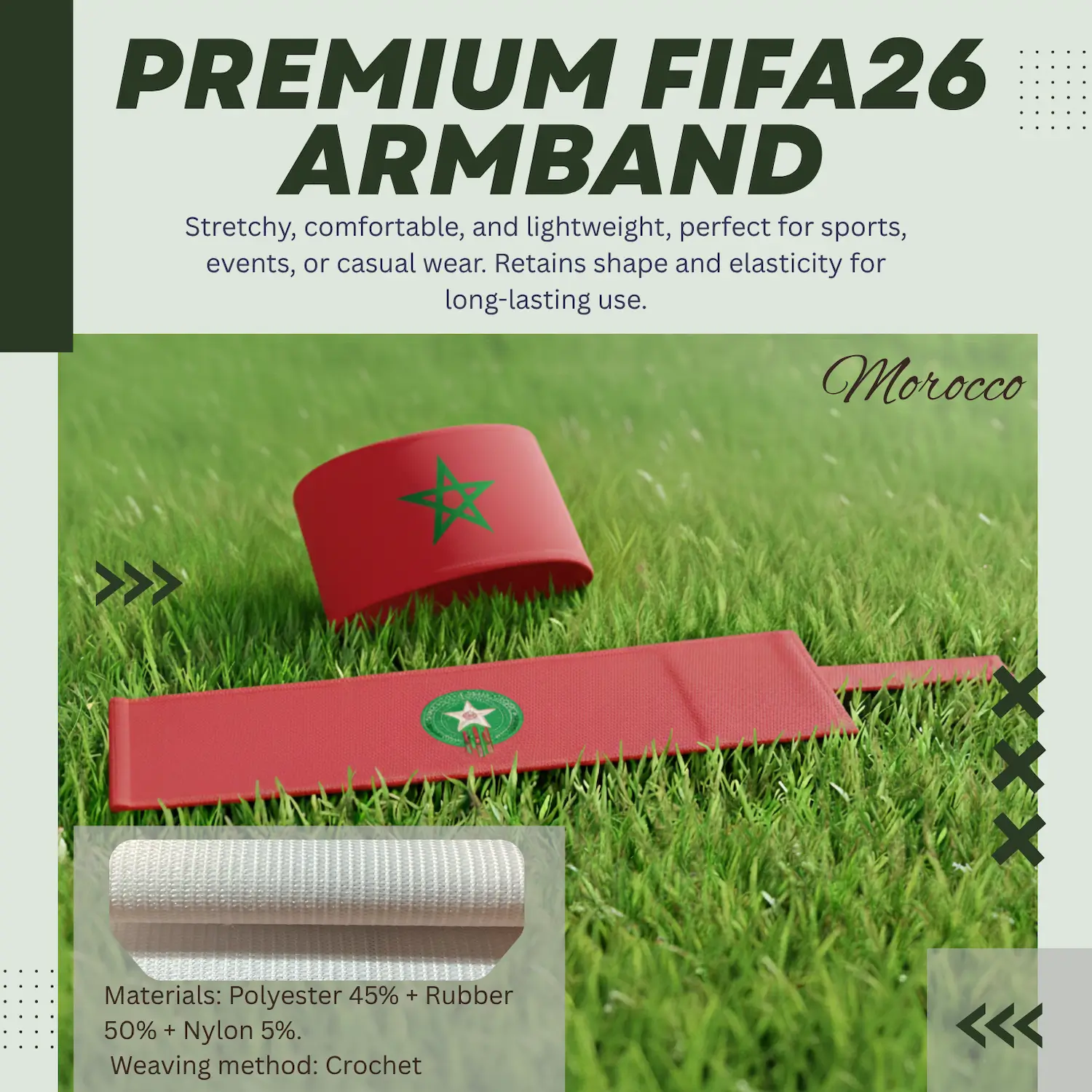 Morocco Flag 6.5×35CM Crochet Woven Stretch Armband-SKU: NPS-WCP-FAN-026