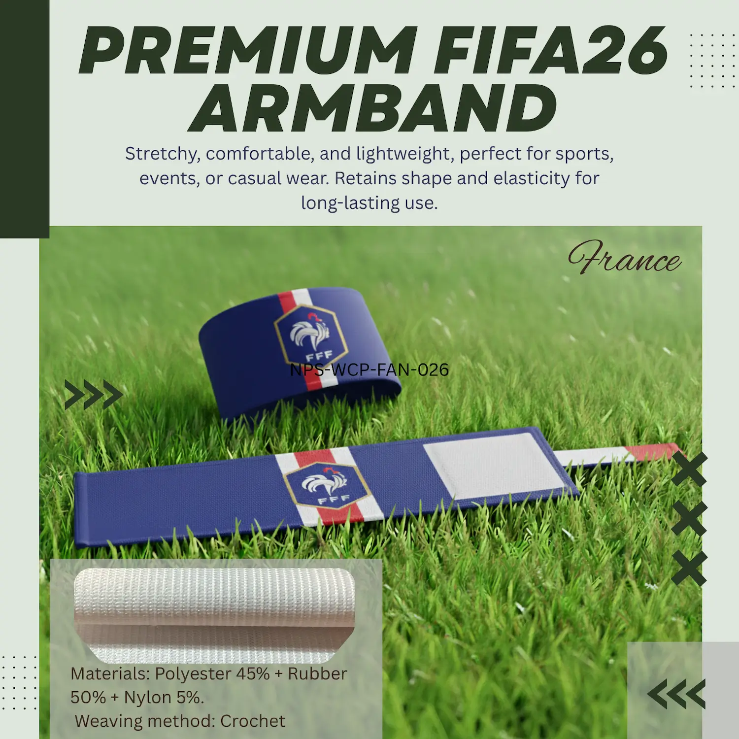 France Flag 6.5×35CM Crochet Woven Stretch Armband-SKU: NPS-WCP-FAN-026
