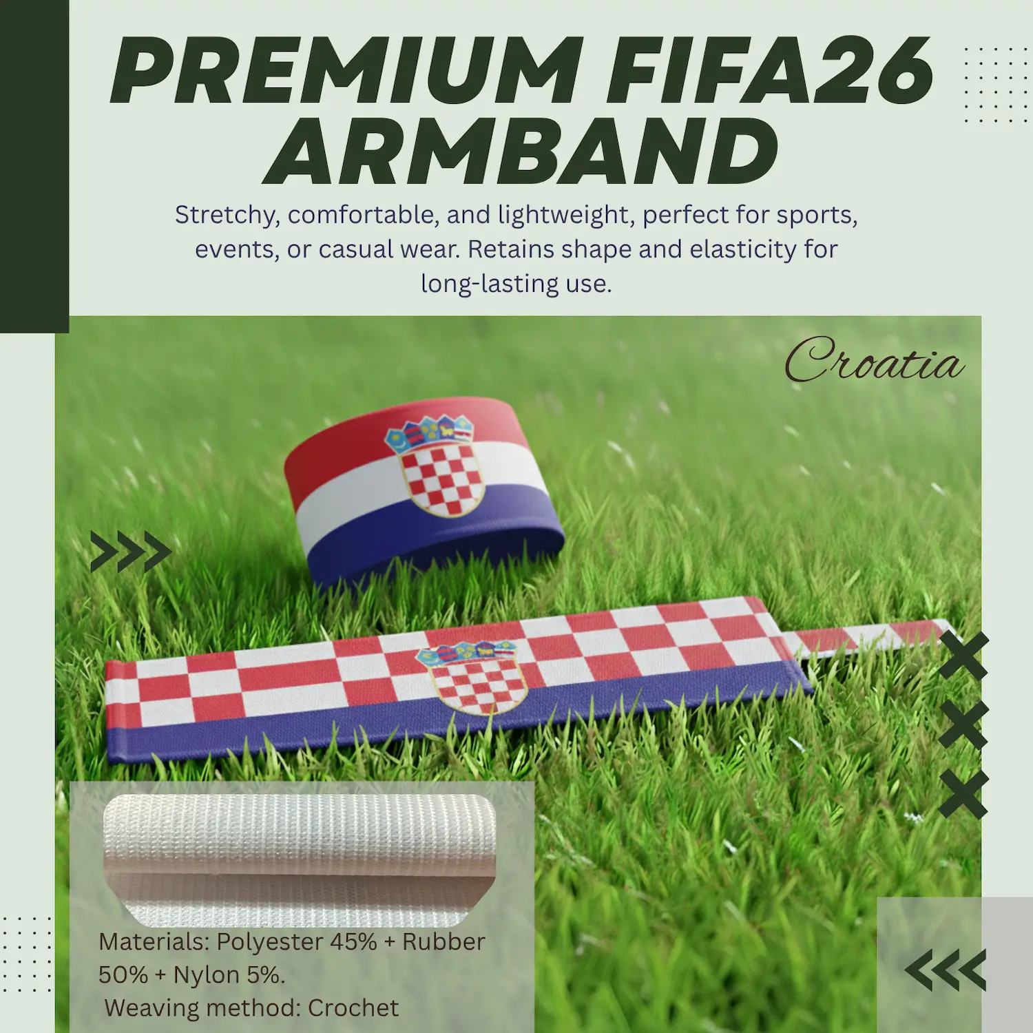 Croatia Flag 6.5×35CM Crochet Woven Stretch Armband-SKU: NPS-WCP-FAN-026