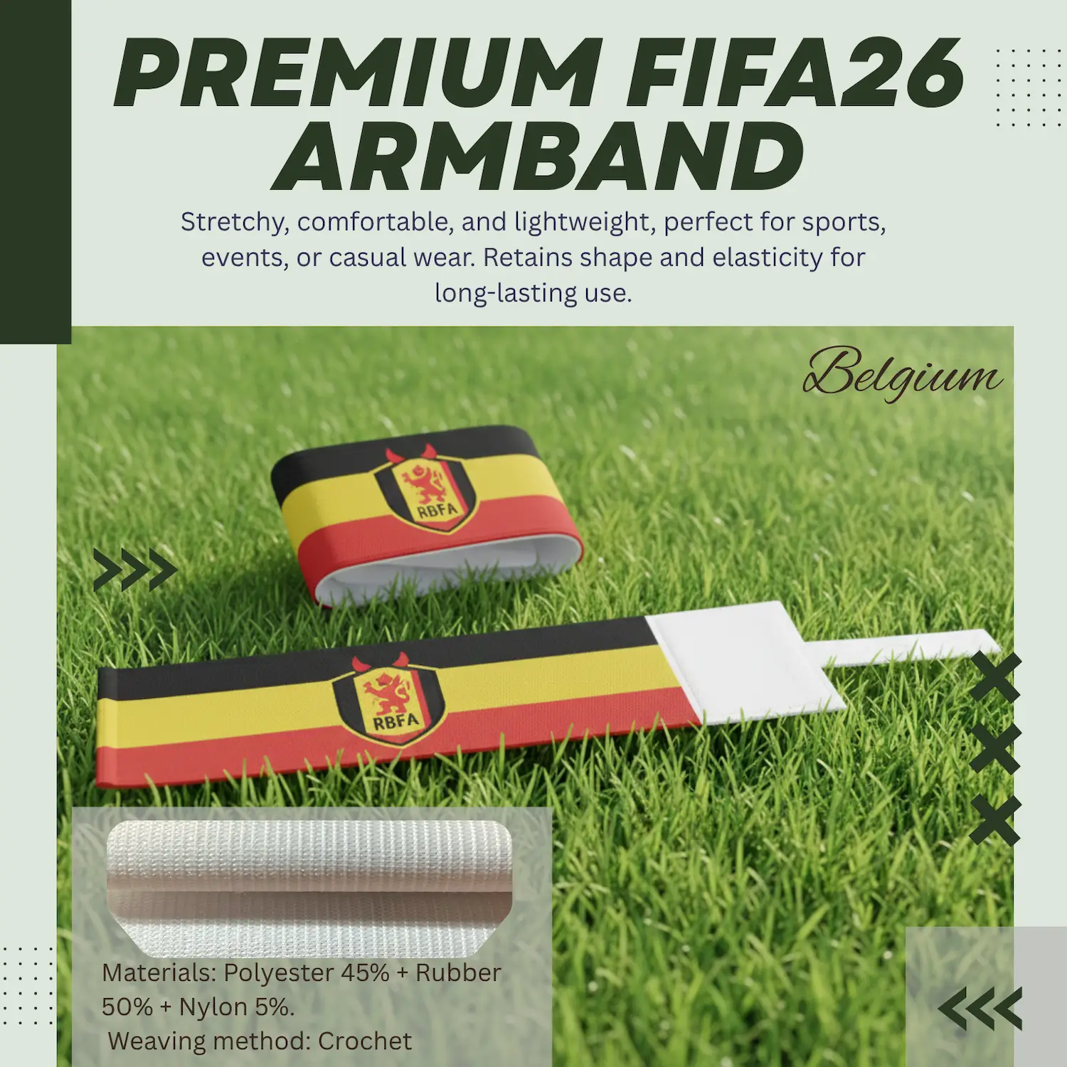 Belgium Flag 6.5×35CM Crochet Woven Stretch Armband-SKU: NPS-WCP-FAN-026