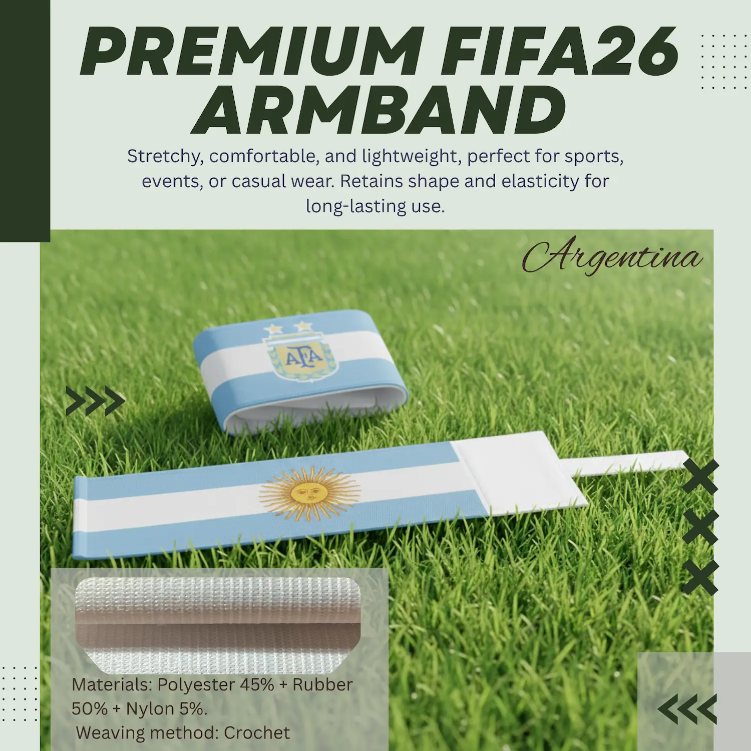 Argentina Flag 6.5×35CM Crochet Woven Stretch Armband-SKU: NPS-WCP-FAN-026