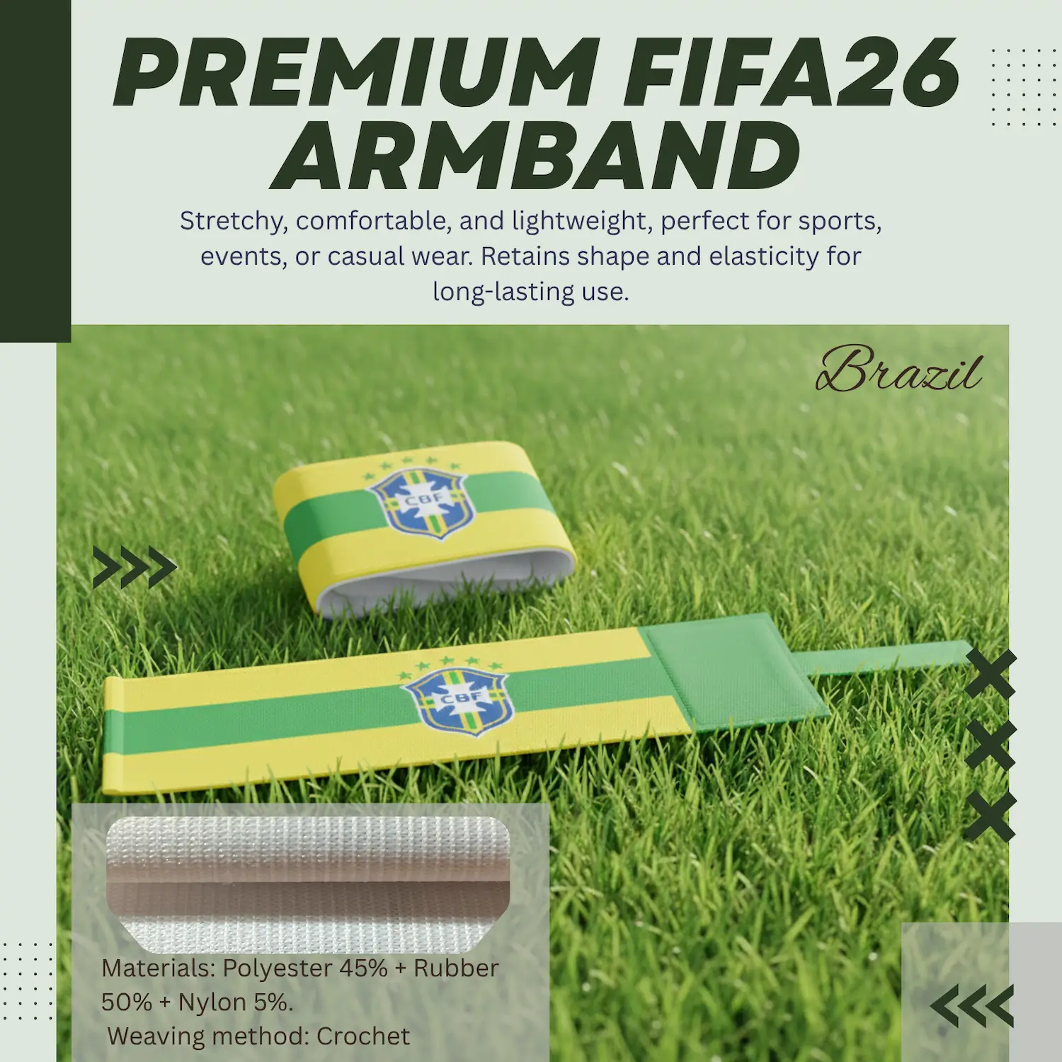 Brazil Flag 6.5×35CM Crochet Woven Stretch Armband-SKU: NPS-WCP-FAN-026