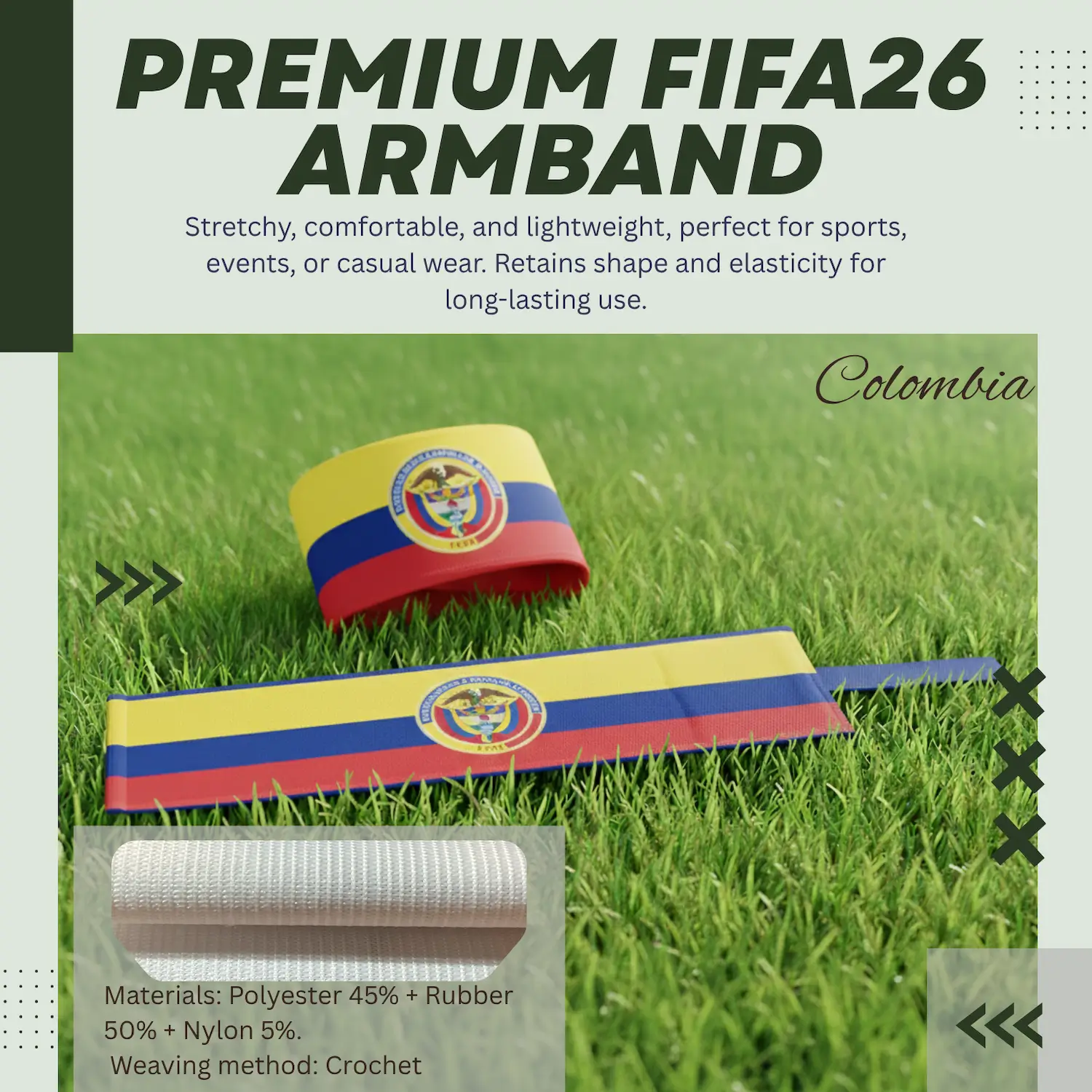 Colombia Flag 6.5×35CM Crochet Woven Stretch Armband-SKU: NPS-WCP-FAN-026