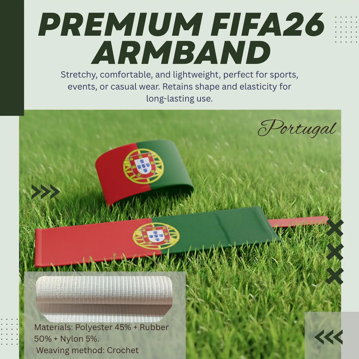 Portugal Flag 6.5×35CM Crochet Woven Stretch Armband-SKU: NPS-WCP-FAN-026