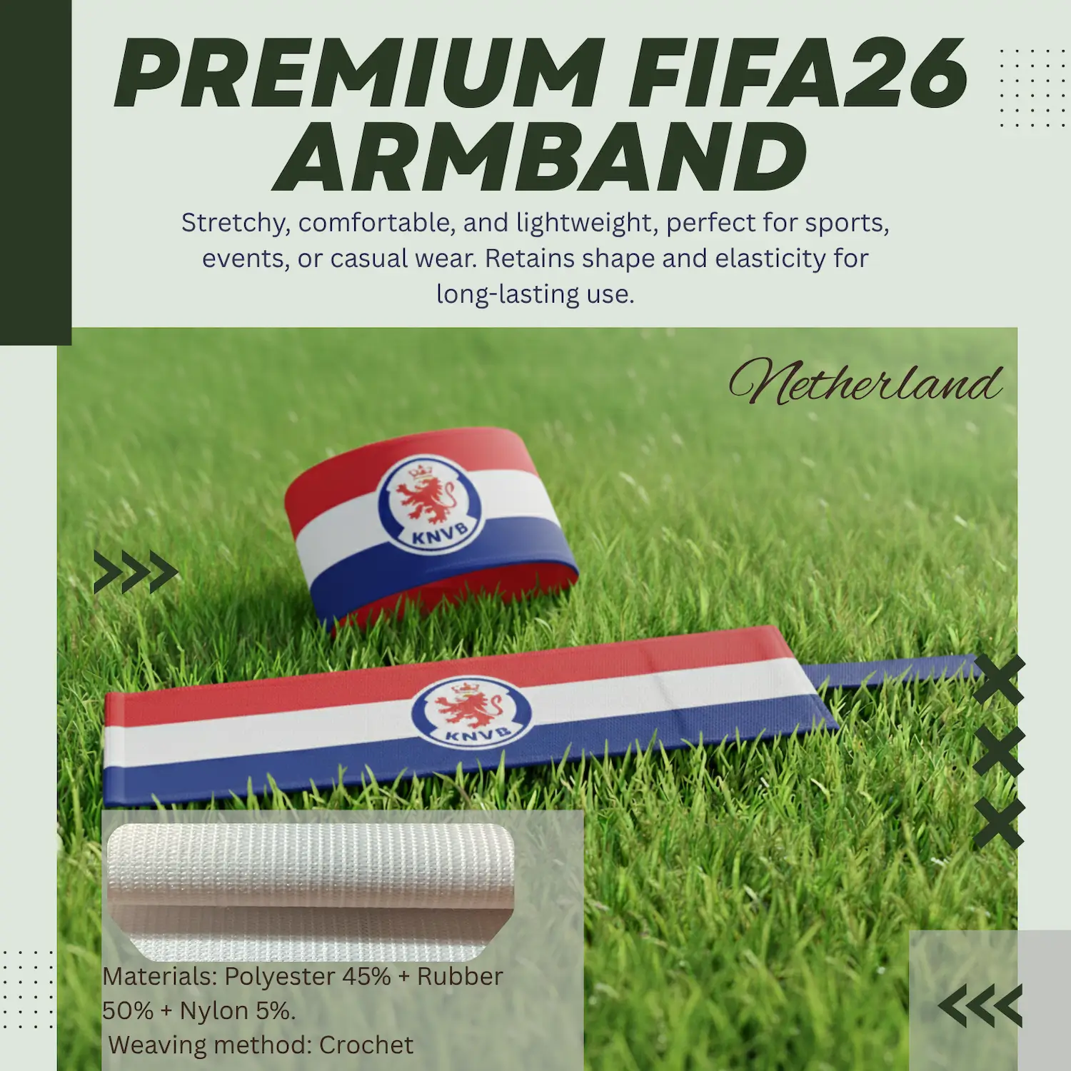 Netherlands Flag 6.5×35CM Crochet Woven Stretch Armband-SKU: NPS-WCP-FAN-026