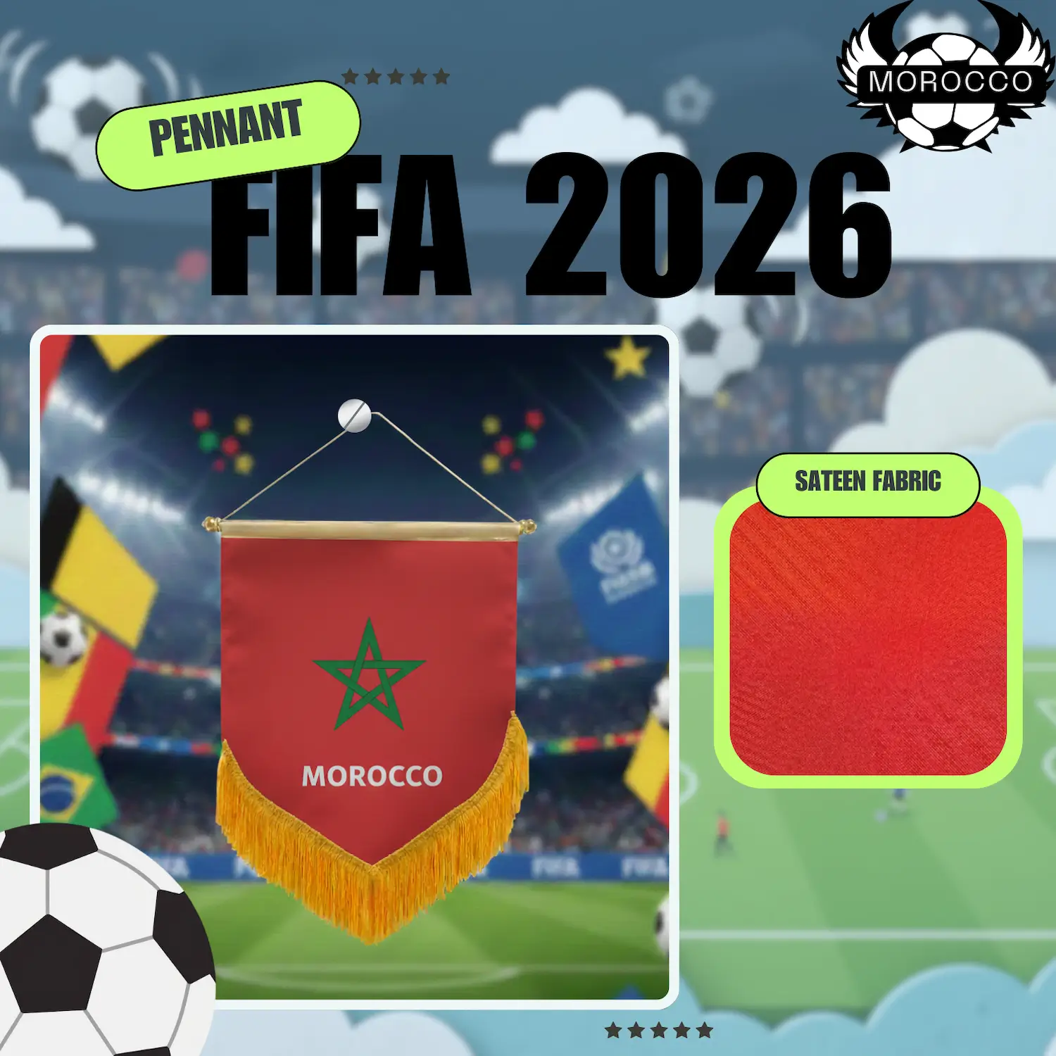 Morocco National Team 4×6 Inch Premium Sateen Pennant-SKU: NPS-WCP-FAN-032