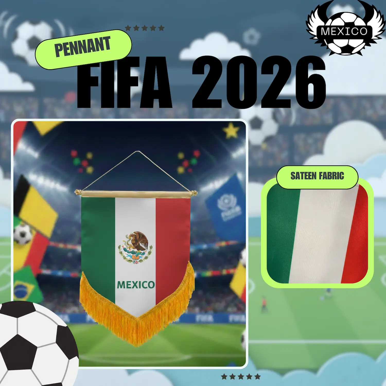 Mexico National Team 4×6 Inch Premium Sateen Pennant-SKU: NPS-WCP-FAN-032