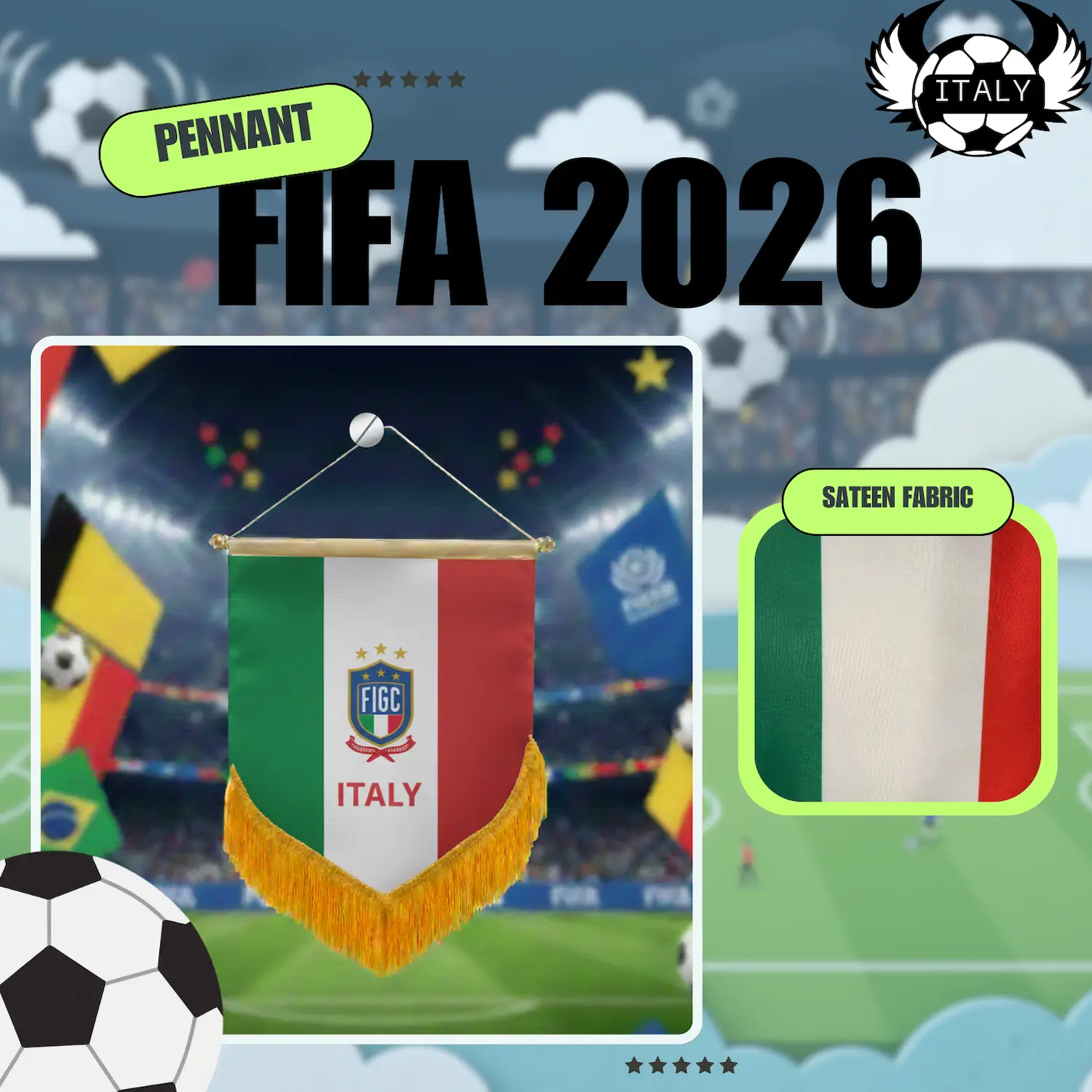 Italy National Team 4×6 Inch Premium Sateen Pennant-SKU: NPS-WCP-FAN-032