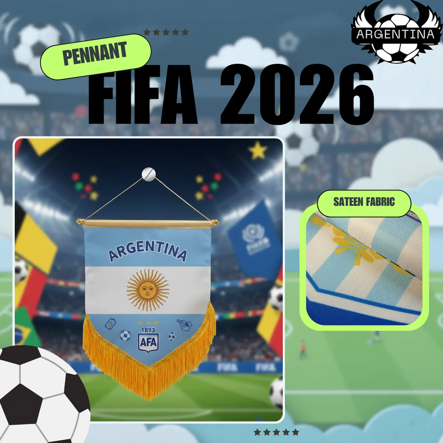 Argentina National Team 4×6 Inch Premium Sateen Pennant-SKU: NPS-WCP-FAN-032
