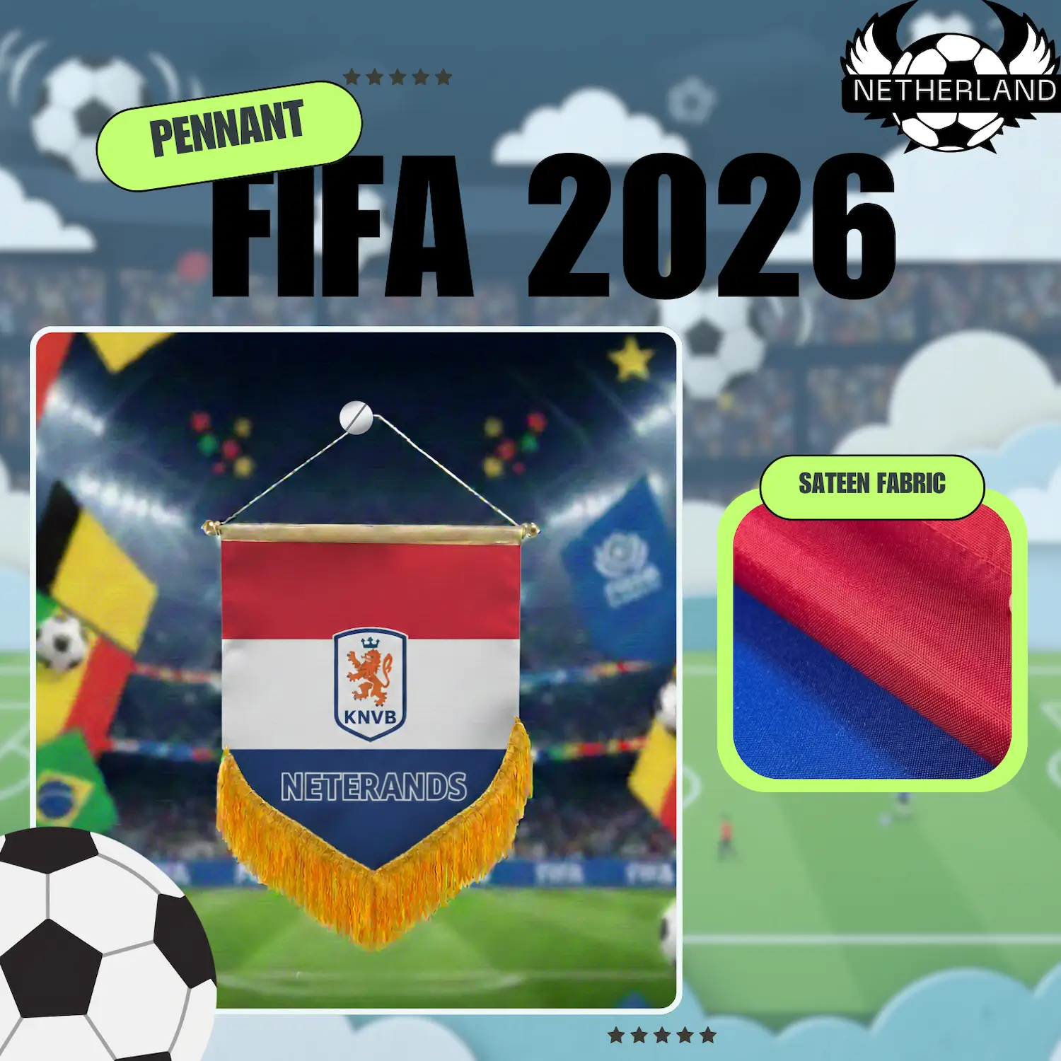 Netherlands National Team 4×6 Inch Premium Sateen Pennant-SKU: NPS-WCP-FAN-032