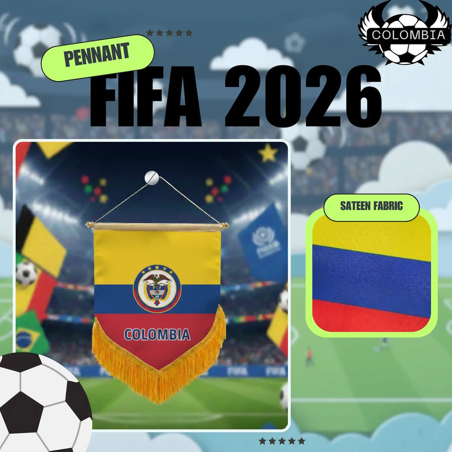Colombia National Team 4×6 Inch Premium Sateen Pennant-SKU: NPS-WCP-FAN-032
