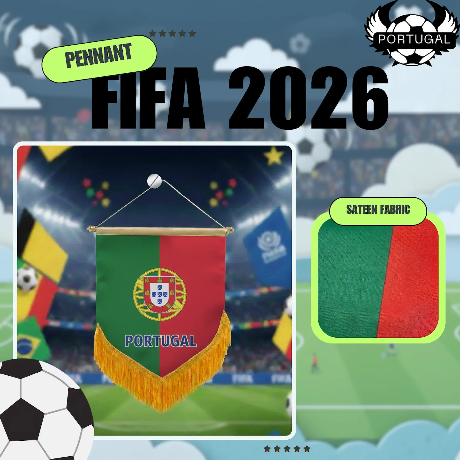 Portugal National Team 4×6 Inch Premium Sateen Pennant-SKU: NPS-WCP-FAN-032